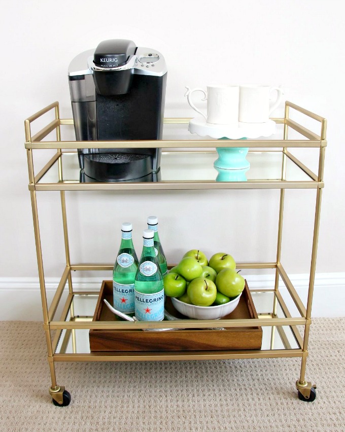 Use your bar cart for a coffee station in the kitchen. www.jennelyinteriors.com