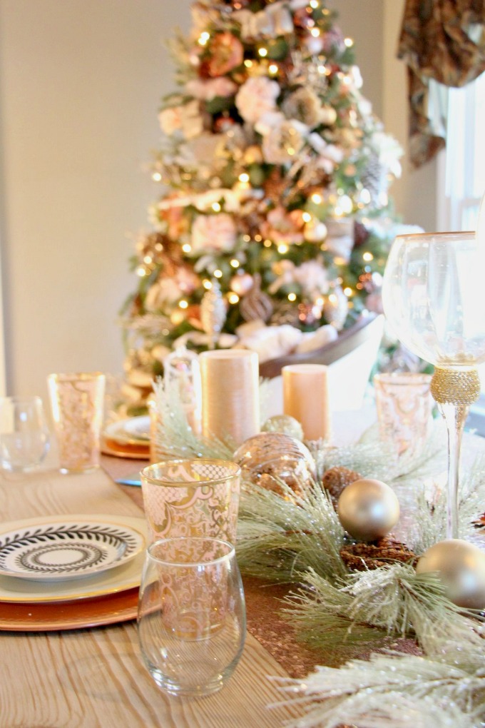 Holiday house tour 2016- Blush tree and Rose gold tablescape. www.jennelyinteriors.com