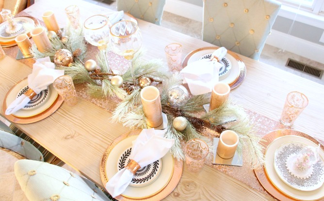Rose gold tablescape with blush tree. www.jennelyinteriors.com
