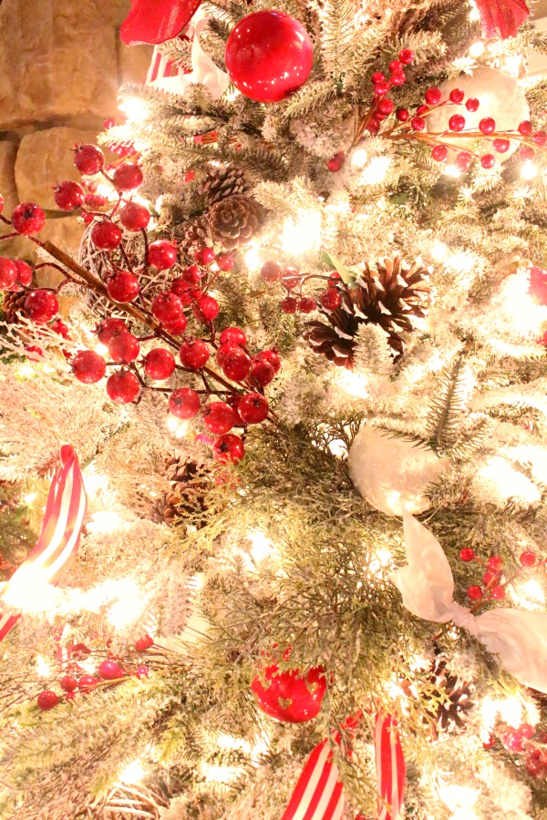 Close up of all the details of this beautiful red and white Balsam Hill tree-jennelyinteriors.com