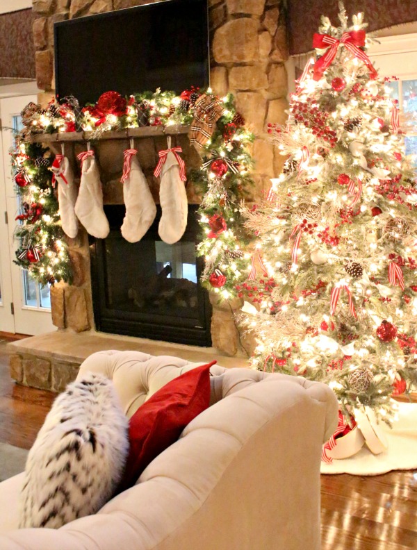 Classic red and white frosted Balsam Hill tree- jennelyinteriors.com