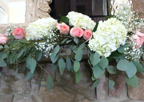 Beautiful pink and white mantel arrangement styled by Yours Truly Jenn