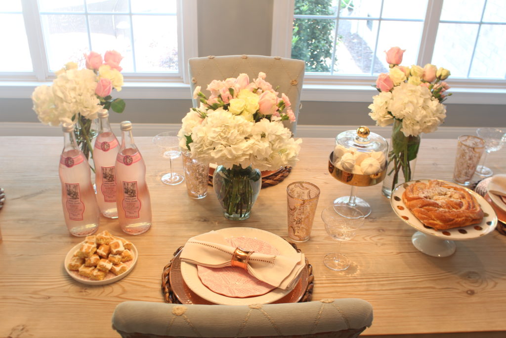 Pretty in pink tablescape set for a Mother's Day celebration.