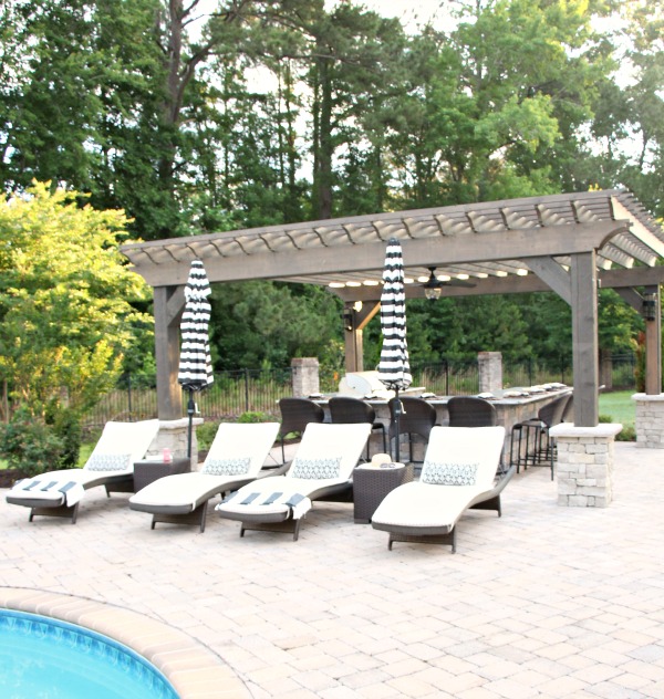 Outdoor kitchen entertaining area and Frontgate chair lounges. Yourstrulyjenn