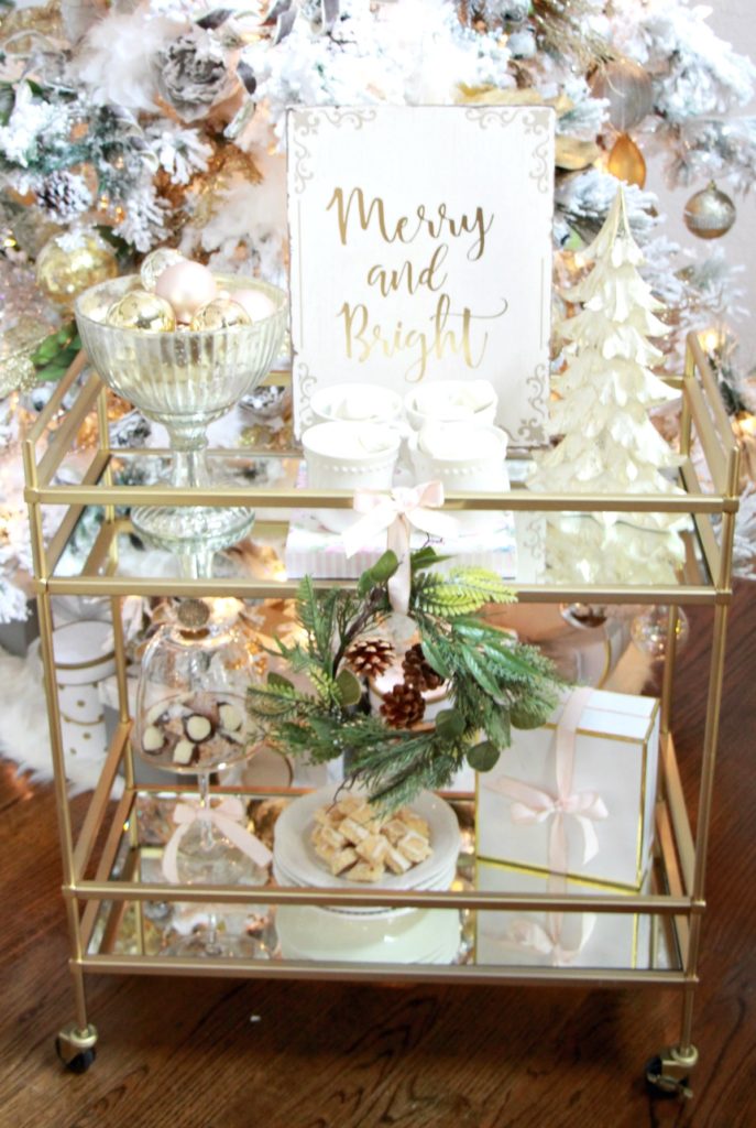 You can decorate more than just your tree for the holidays. Try some small vignettes like a bar cart. 